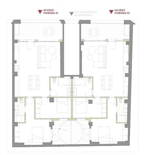 Plano general de la estancia principal, donde se ven el salón y la cocina